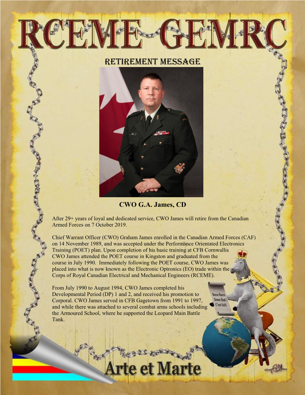 CWO James Will Retire from the Canadian Armed Forces on 7 October 2019