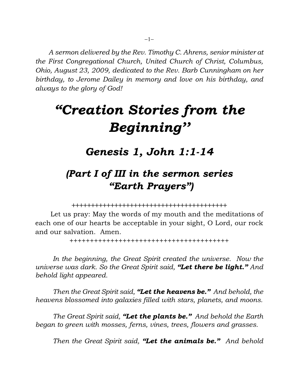 “Creation Stories from the Beginning''