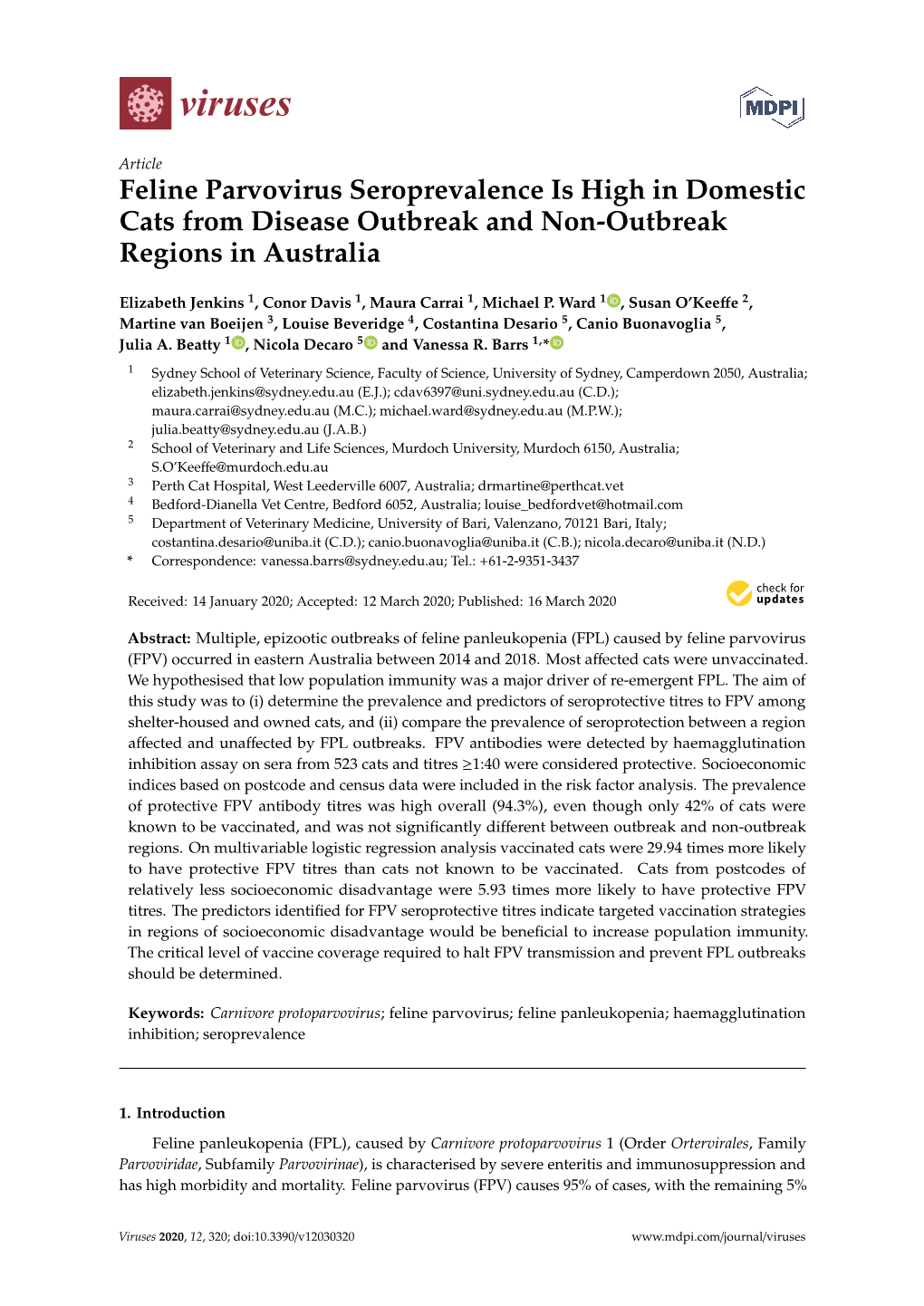 Feline Parvovirus Seroprevalence Is High in Domestic Cats from Disease Outbreak and Non-Outbreak Regions in Australia