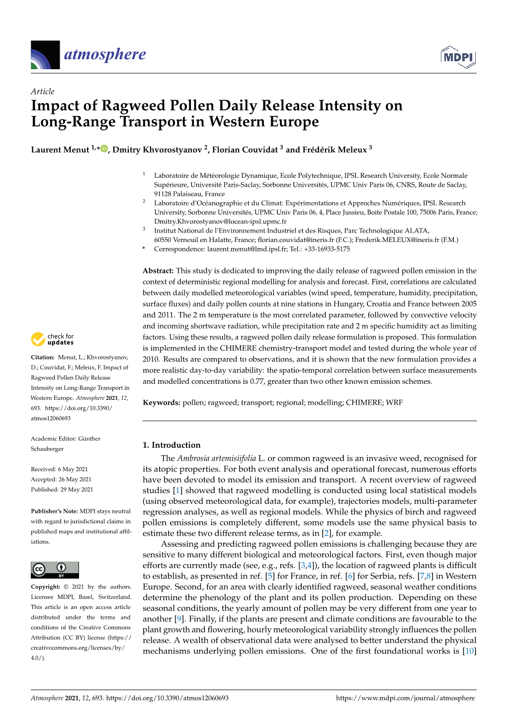 Impact of Ragweed Pollen Daily Release Intensity on Long-Range Transport in Western Europe