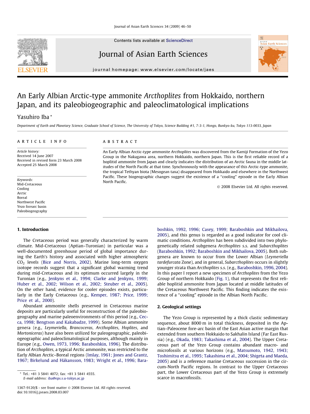 An Early Albian Arctic-Type Ammonite Arcthoplites from Hokkaido, Northern Japan, and Its Paleobiogeographic and Paleoclimatological Implications