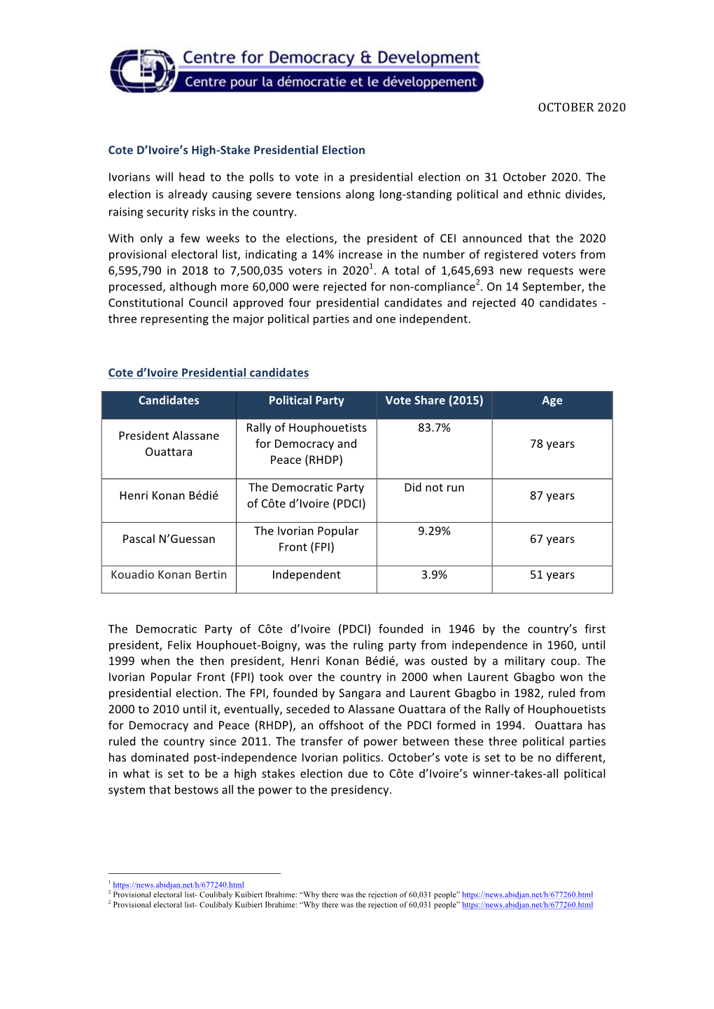 OCTOBER 2020 Cote D'ivoire's High-‐Stake Presidential Election