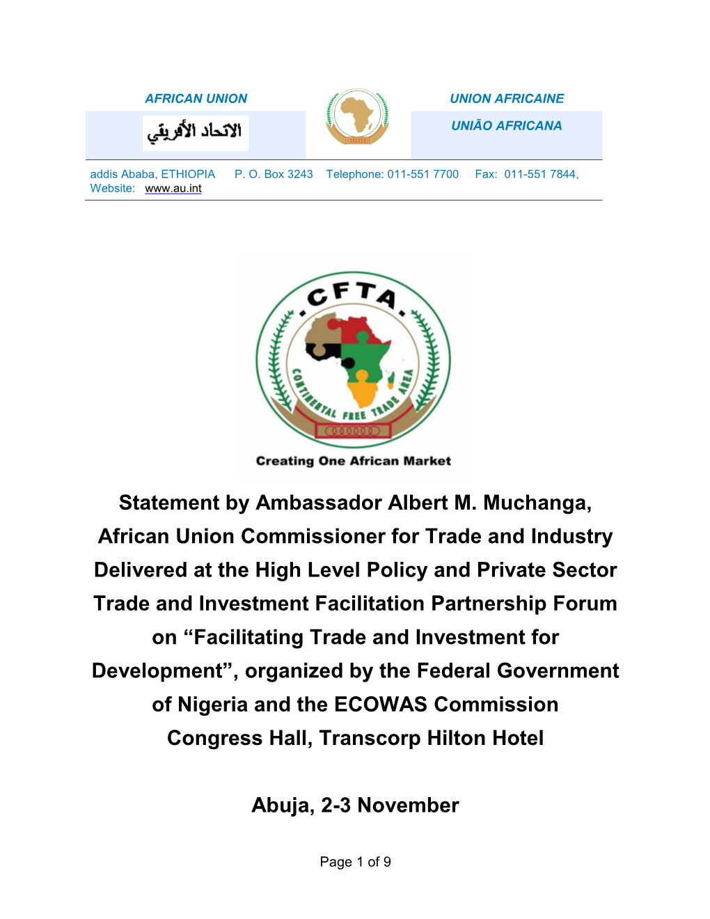 Statement by Ambassador Albert M. Muchanga, African Union