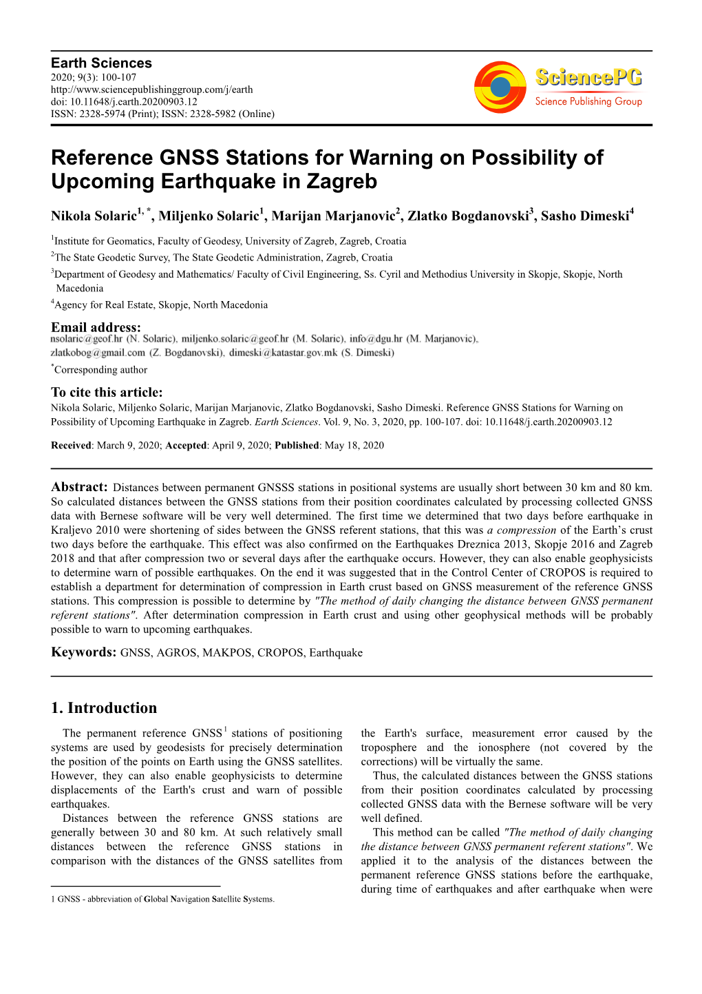 Reference GNSS Stations for Warning on Possibility of Upcoming Earthquake in Zagreb