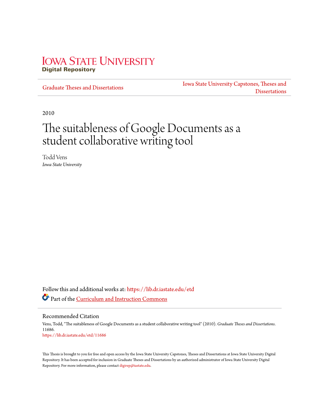 The Suitableness of Google Documents As a Student Collaborative Writing Tool