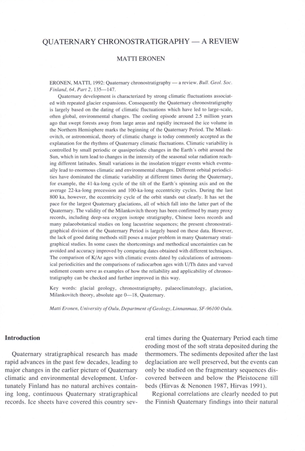 Quaternary Chronostratigraphy — a Review