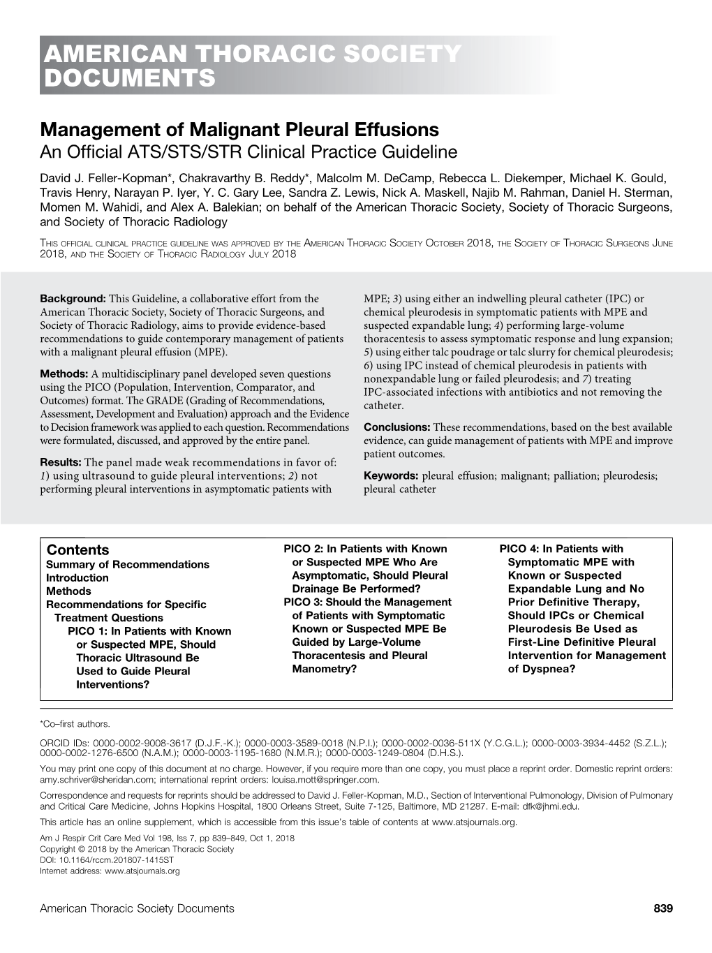 Management of Malignant Pleural Effusions an Ofﬁcial ATS/STS/STR Clinical Practice Guideline David J