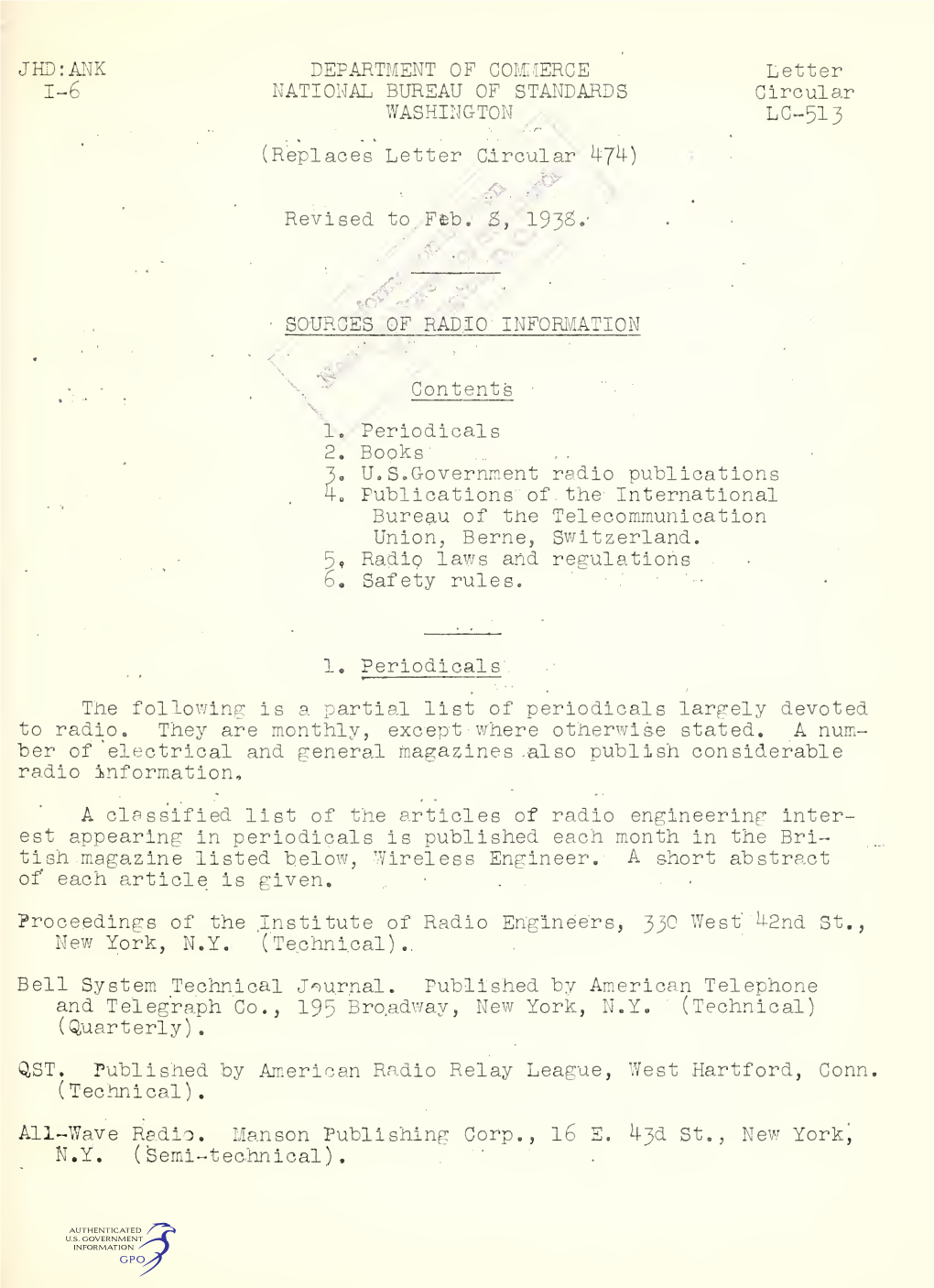 Sources of Radio Information (Replaces Letter Circular 474)