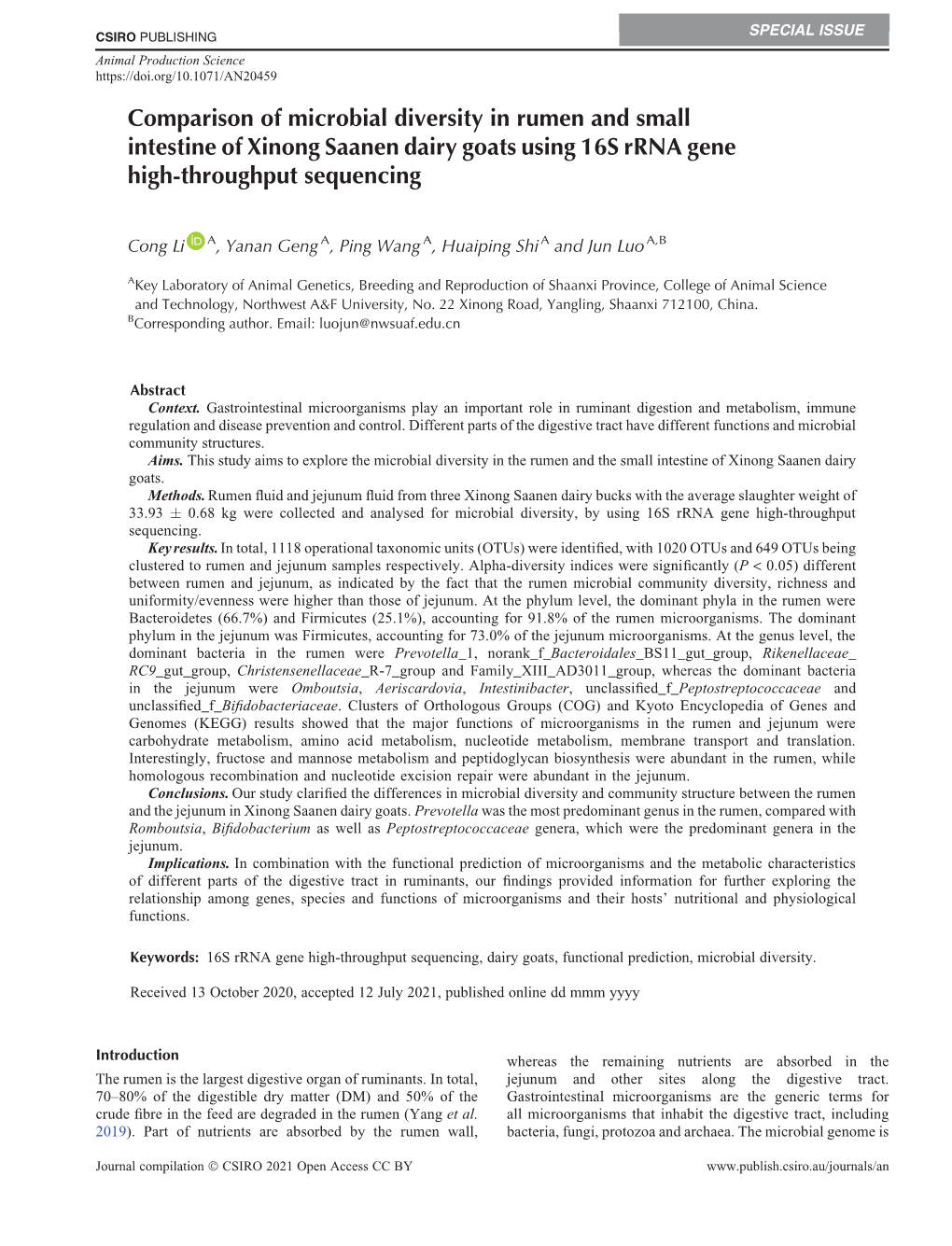 Comparison of Microbial Diversity in Rumen and Small Intestine of Xinong Saanen Dairy Goats Using 16S Rrna Gene High-Throughput Sequencing