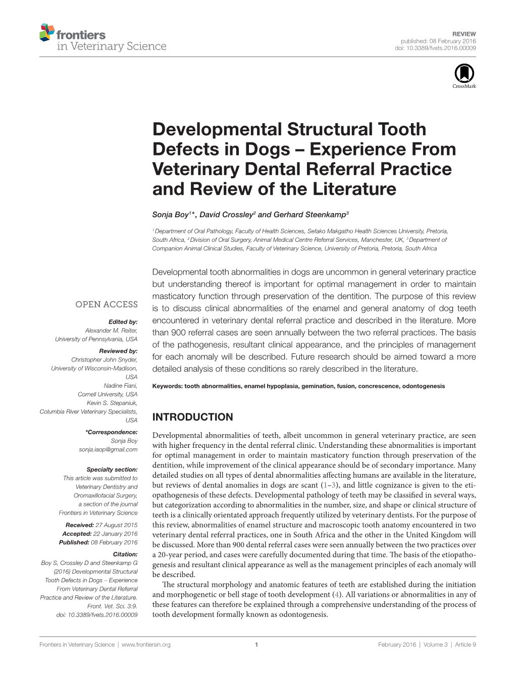 Developmental Structural Tooth Defects in Dogs – Experience from Veterinary Dental Referral Practice and Review of the Literature