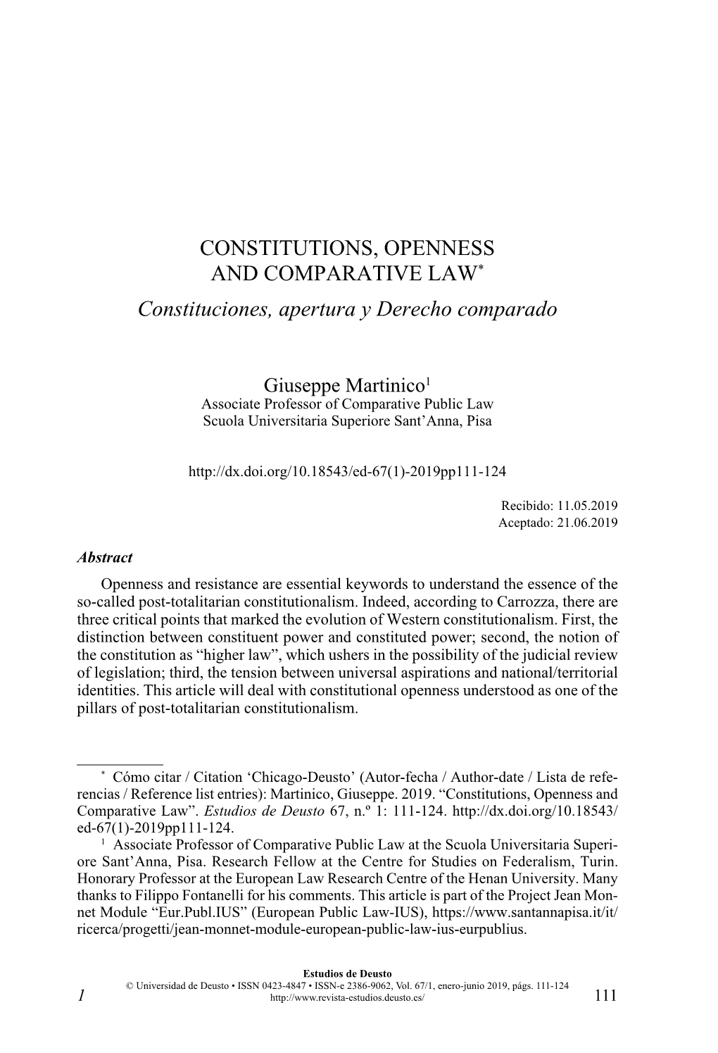 CONSTITUTIONS, OPENNESS and COMPARATIVE LAW* Constituciones, Apertura Y Derecho Comparado