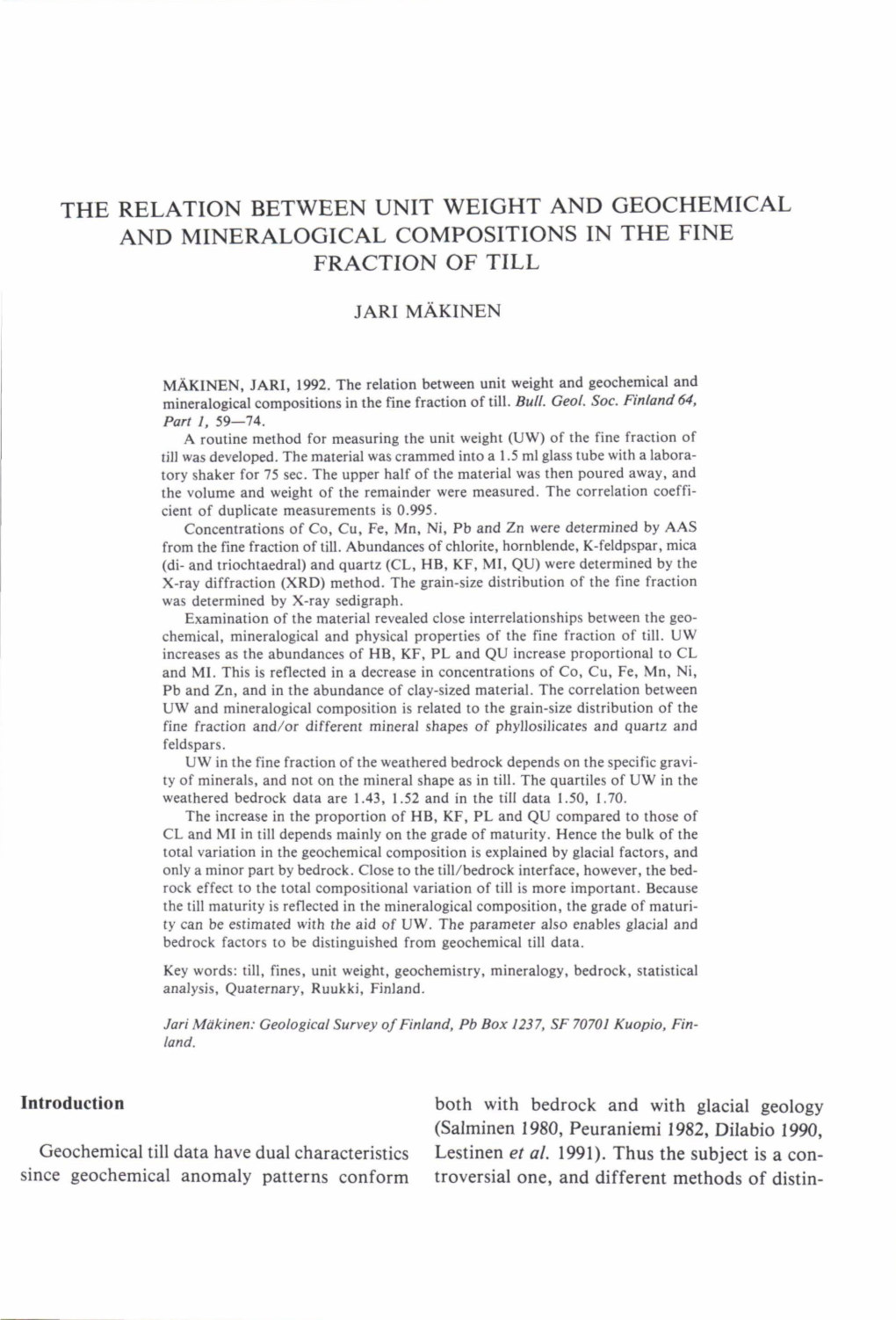 The Relation Between Unit Weight and Geochemical and Mineralogical Compositions in the Fine Fraction of Till