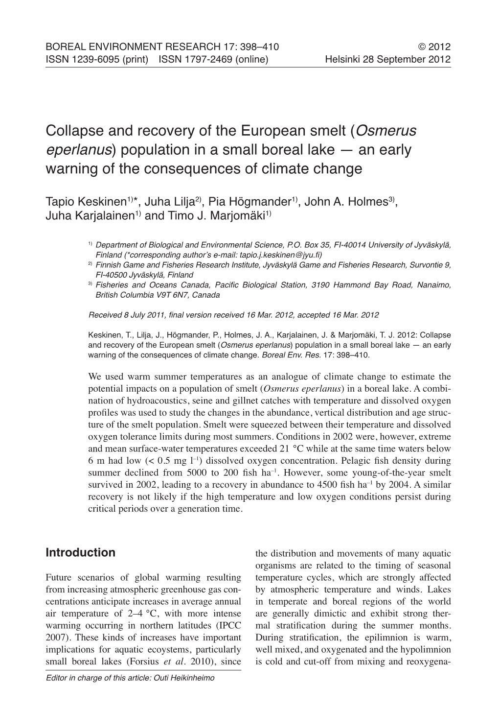 Collapse and Recovery of the European Smelt (Osmerus Eperlanus) Population in a Small Boreal Lake — an Early Warning of the Consequences of Climate Change