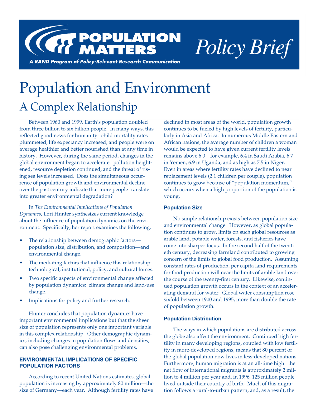 Population and Environment: a Complex Relationship