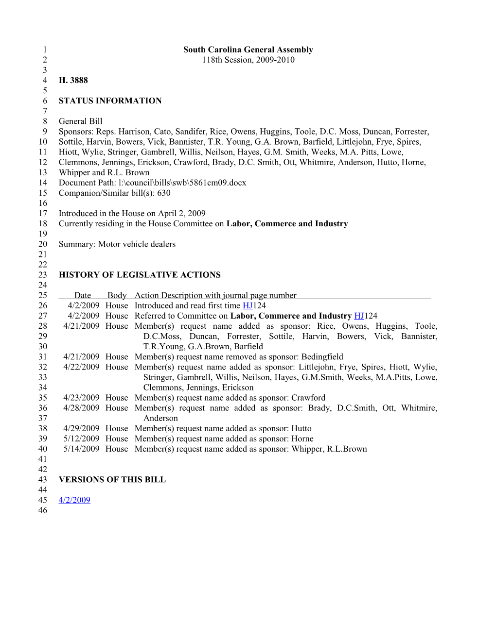 2009-2010 Bill 3888: Motor Vehicle Dealers - South Carolina Legislature Online