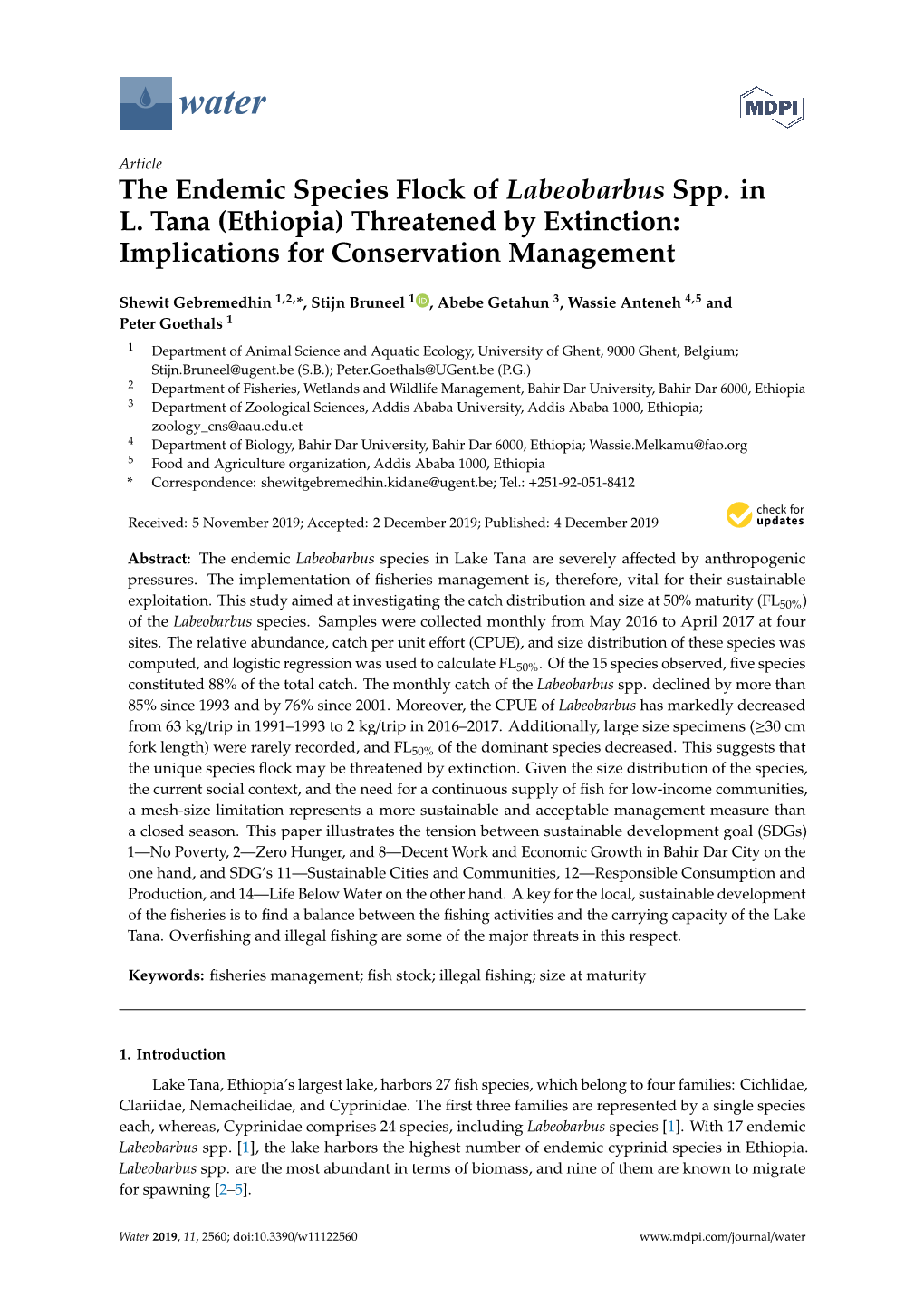 The Endemic Species Flock of Labeobarbus Spp. in L. Tana (Ethiopia) Threatened by Extinction: Implications for Conservation Management