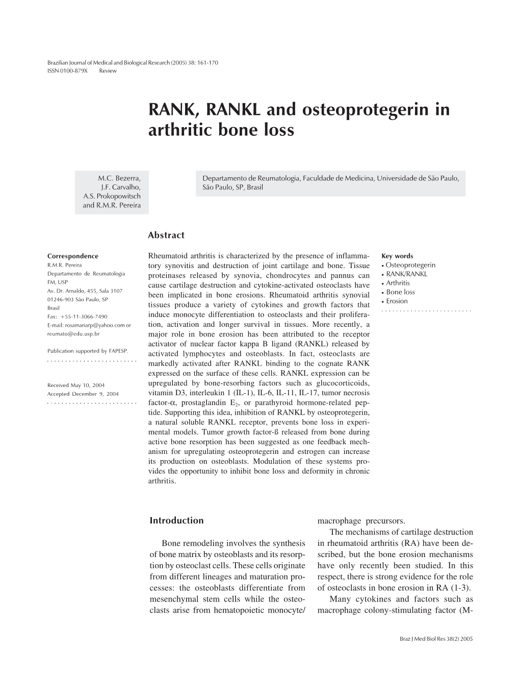 RANK, RANKL and Osteoprotegerin in Arthritic Bone Loss