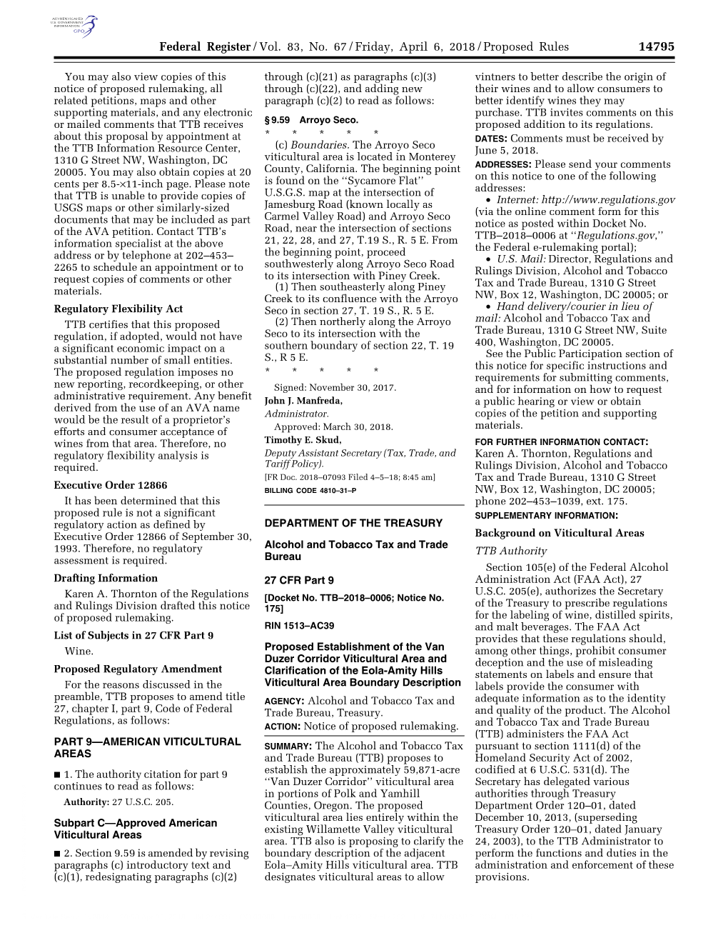 Federal Register/Vol. 83, No. 67/Friday, April 6, 2018/Proposed