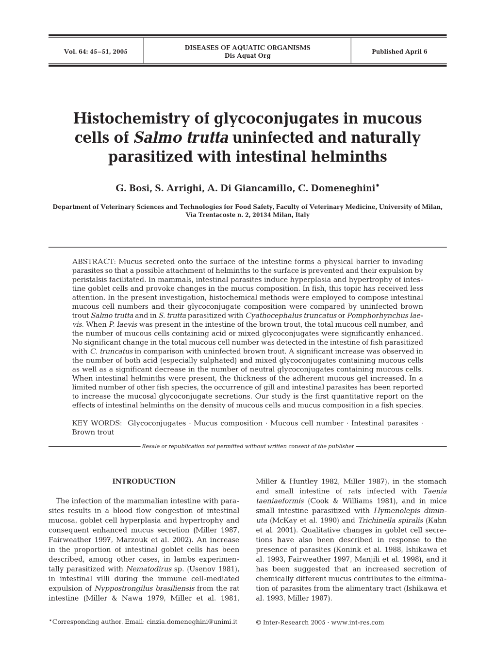 Histochemistry of Glycoconjugates in Mucous Cells of Salmo Trutta Uninfected and Naturally Parasitized with Intestinal Helminths