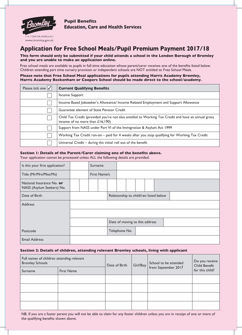 Application for Free School Meals/Pupil Premium Payment