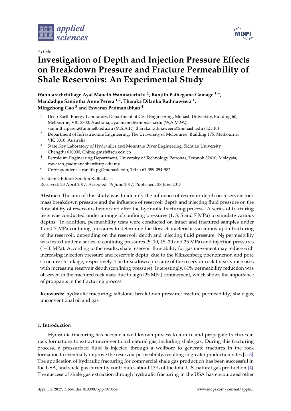 Investigation of Depth and Injection Pressure Effects on Breakdown Pressure and Fracture Permeability of Shale Reservoirs: an Experimental Study