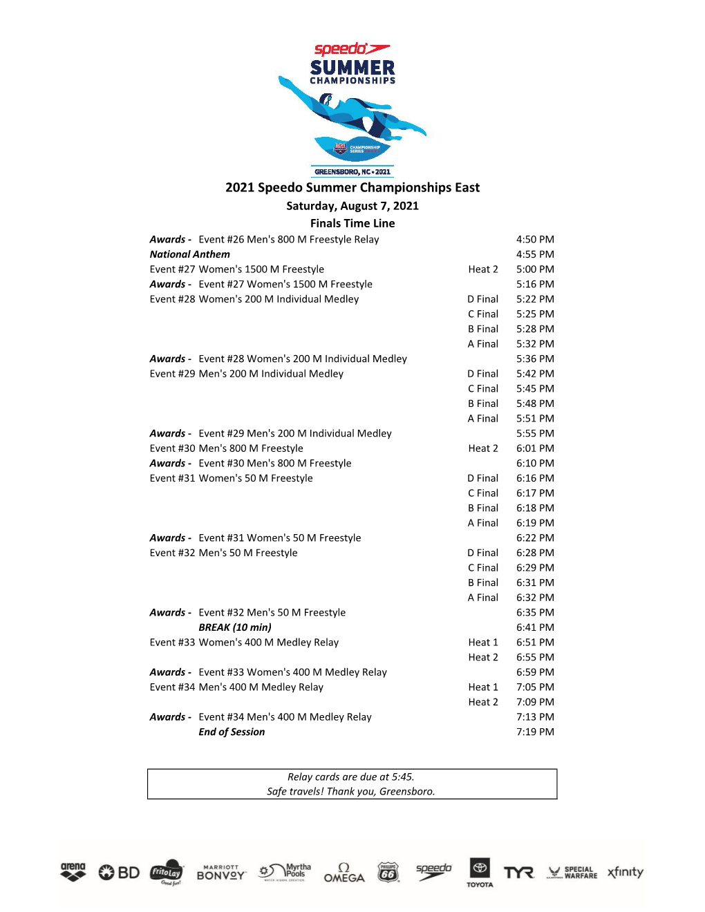 Saturday Finals Heat Sheet