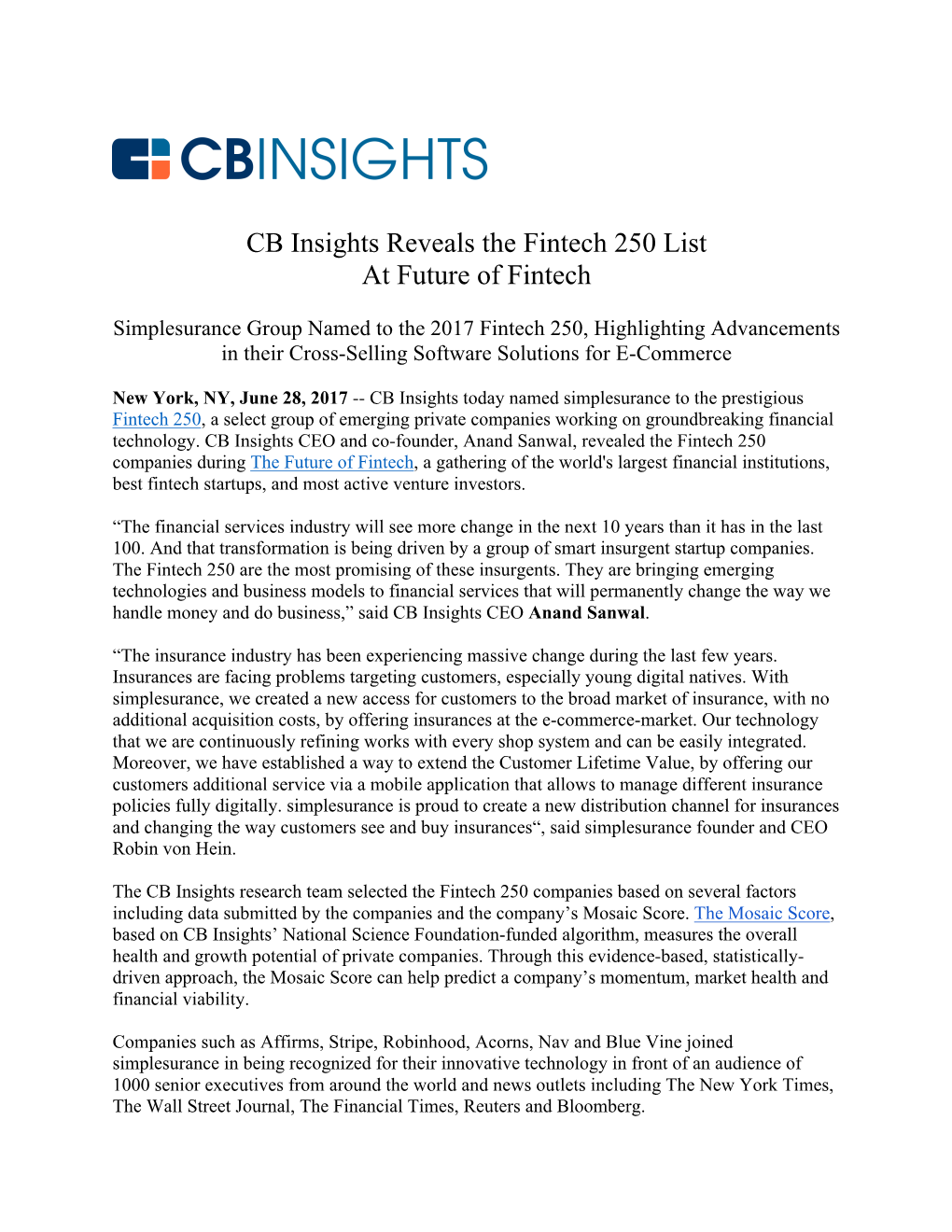 CB Insights Reveals the Fintech 250 List at Future of Fintech