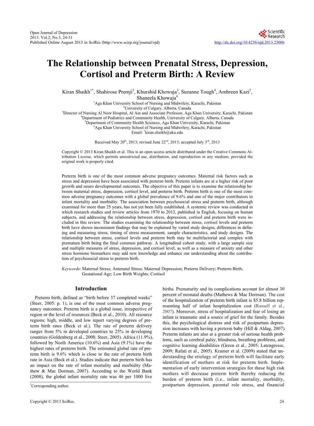 The Relationship Between Prenatal Stress, Depression, Cortisol and Preterm Birth: a Review