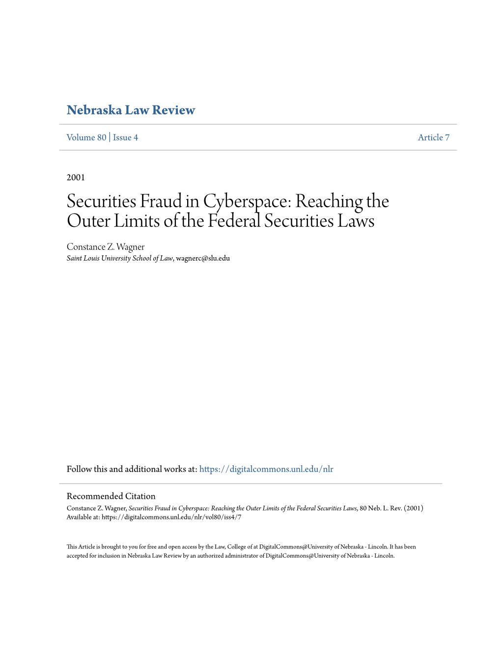 Securities Fraud in Cyberspace: Reaching the Outer Limits of the Federal Securities Laws Constance Z