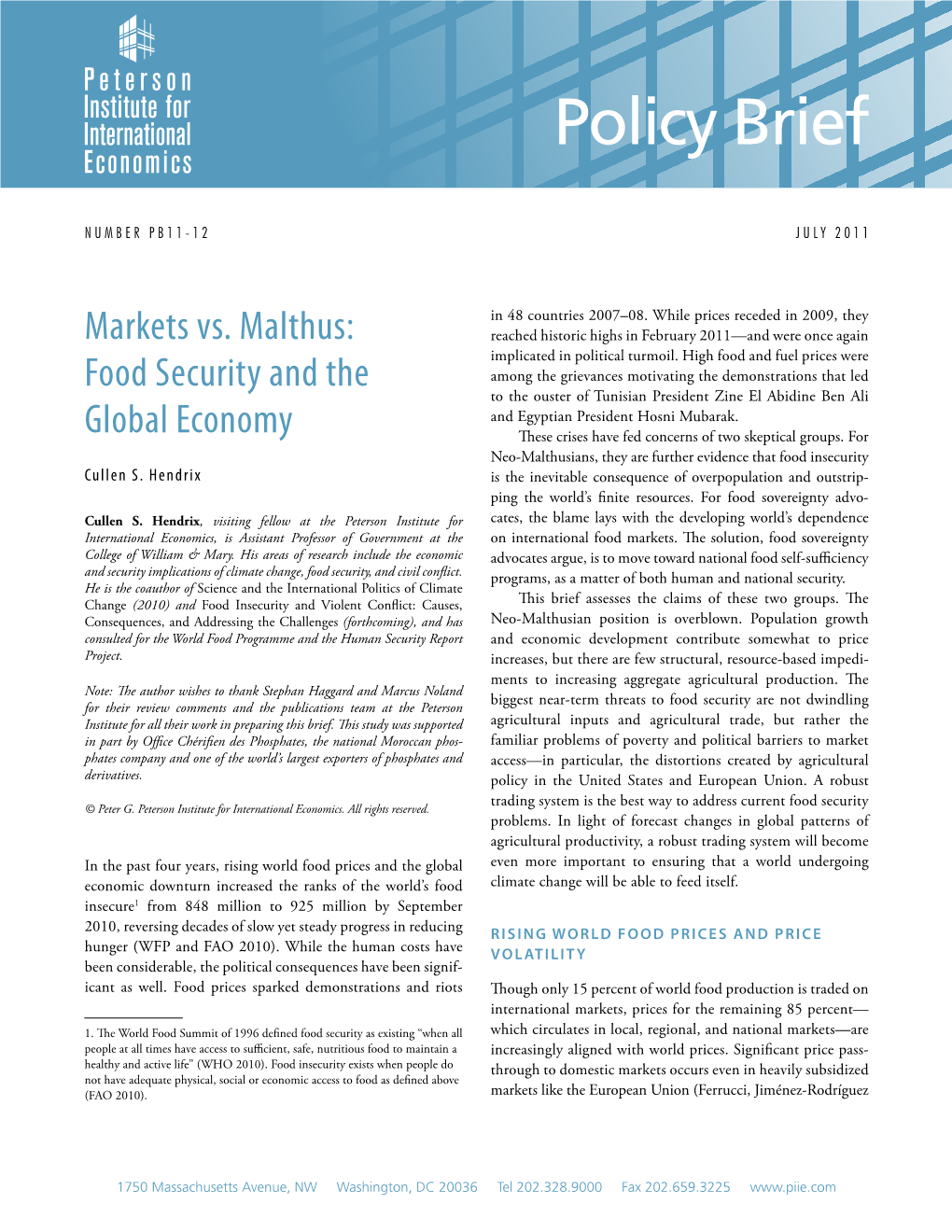 Markets Vs. Malthus: Food Security and the Global Economy