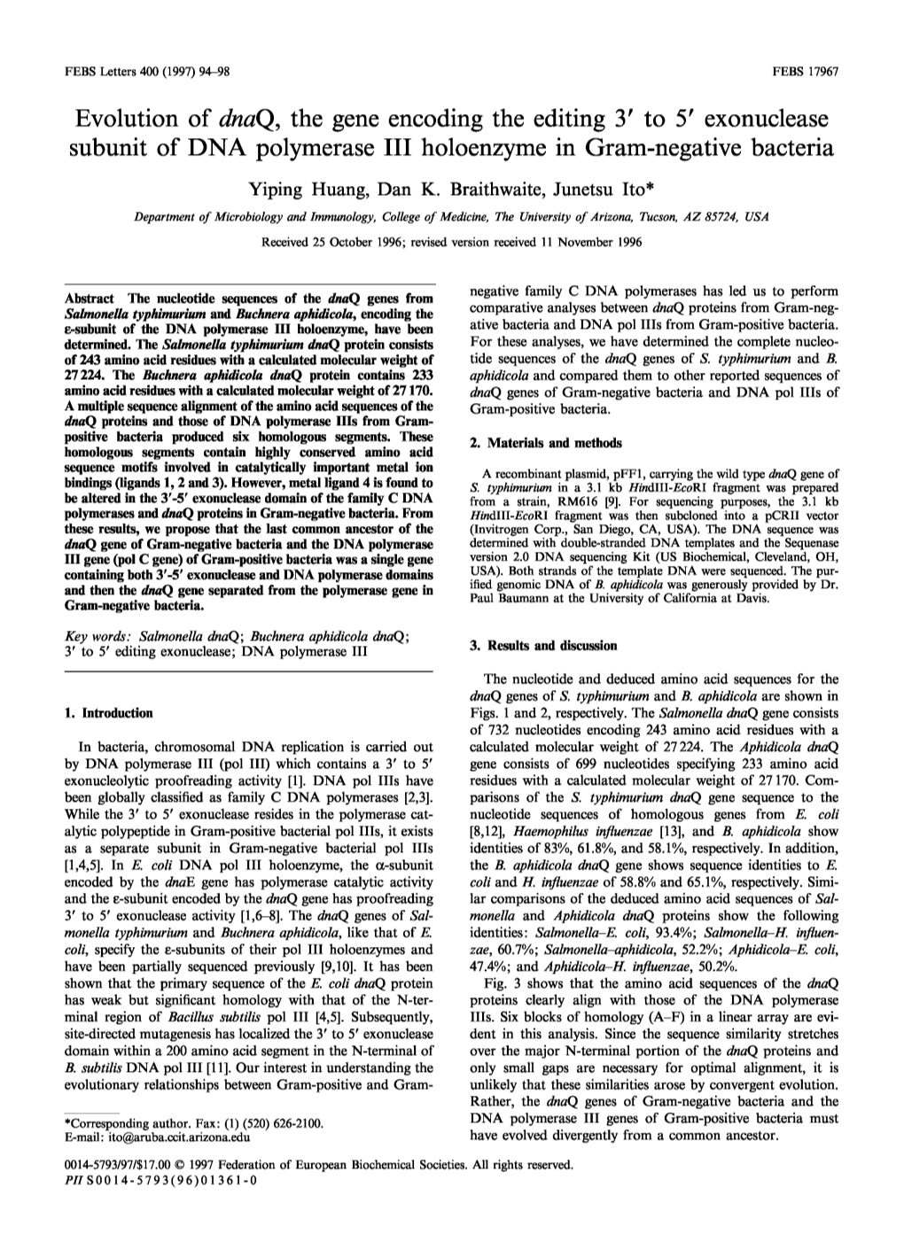 Evolution of Dnaq, the Gene Encoding the Editing 3′ to 5′ Exonuclease