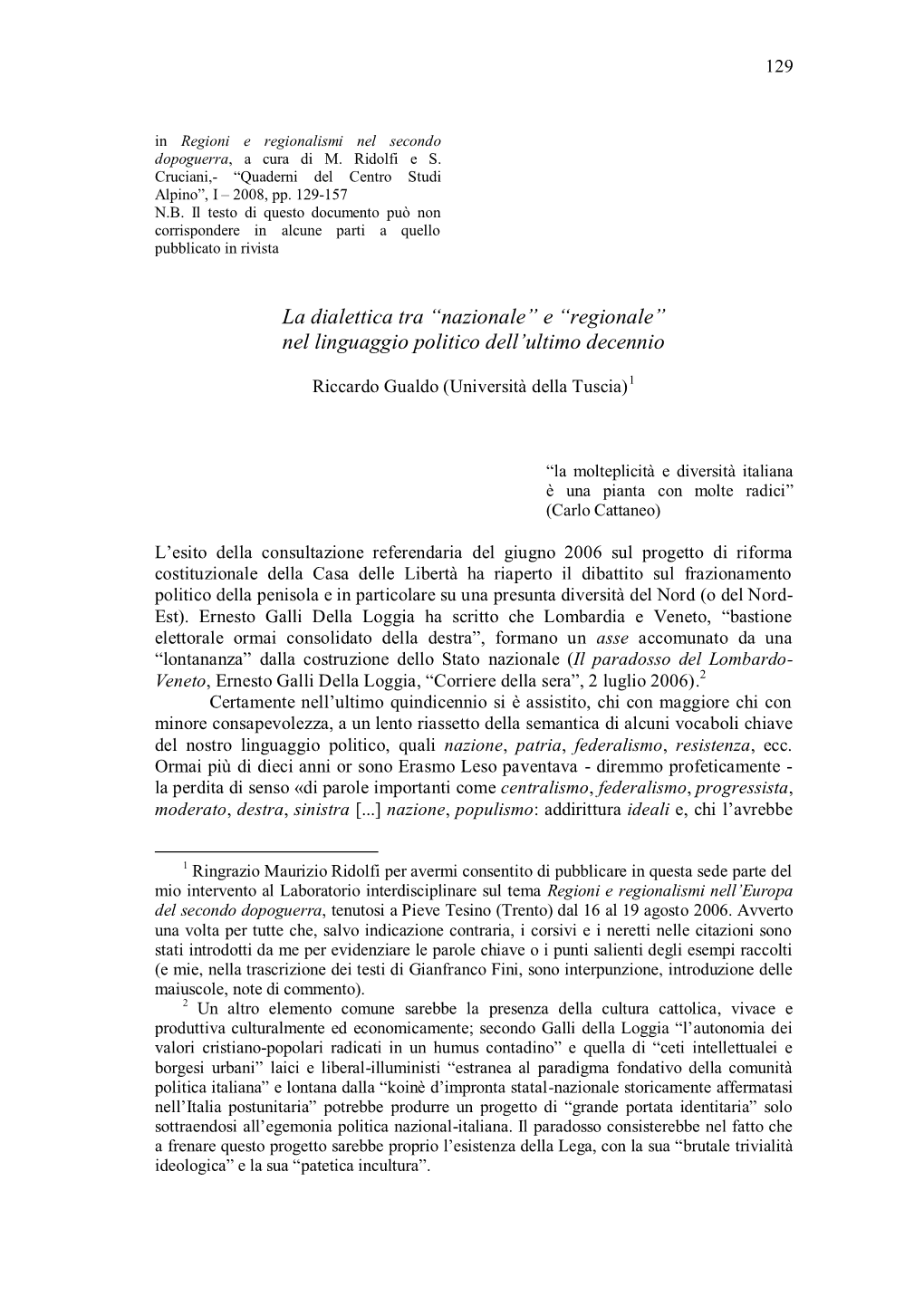 La Dialettica Tra “Nazionale” E “Regionale” Nel Linguaggio Politico Dell’Ultimo Decennio