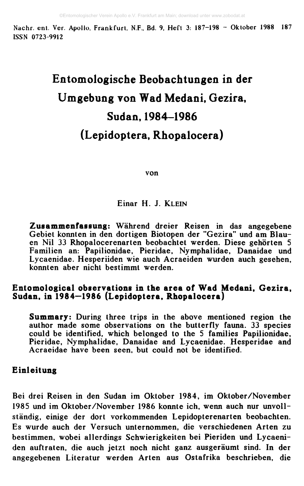 Entomologische Beobachtungen in Der Umgebung Von Wad Medani, Gezira, Sudan, 1984-1986 (Lepidoptera, Rhopalocera)