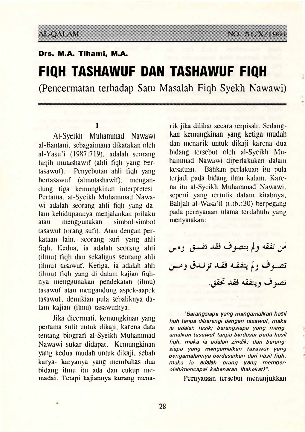 FIQH TASHAWUF DAN TASHAWUF FIQH (Pencermatan Terhadap Satu Masalah Fiqh Syekh Nawawi)