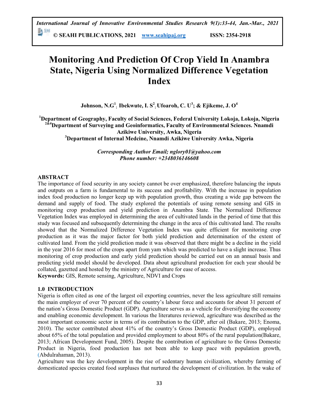Monitoring and Prediction of Crop Yield in Anambra State, Nigeria Using Normalized Difference Vegetation Index