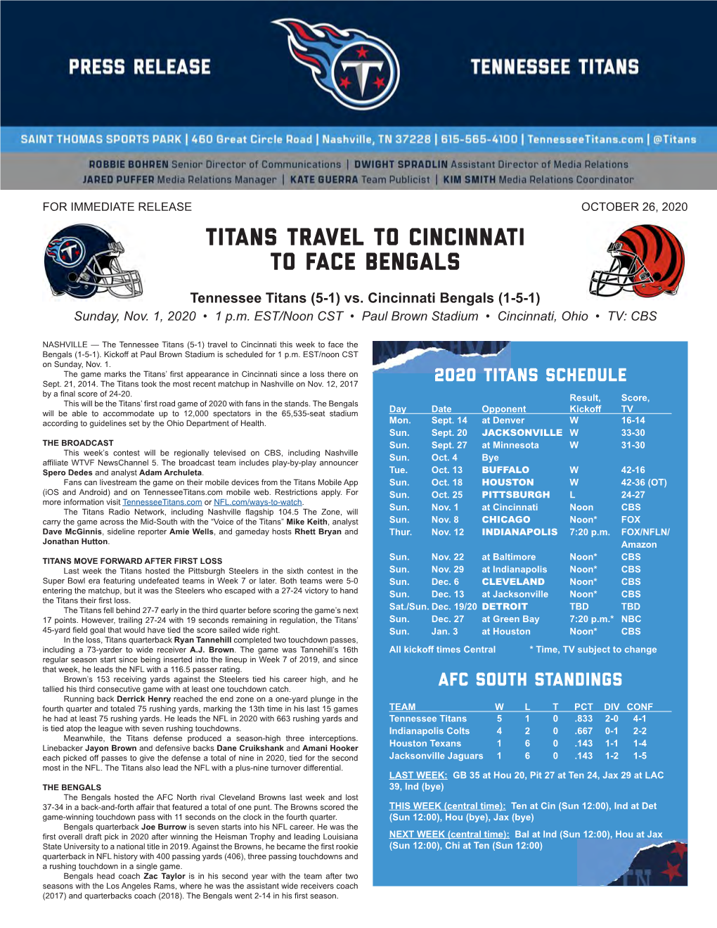 Titans Travel to Cincinnati to Face Bengals