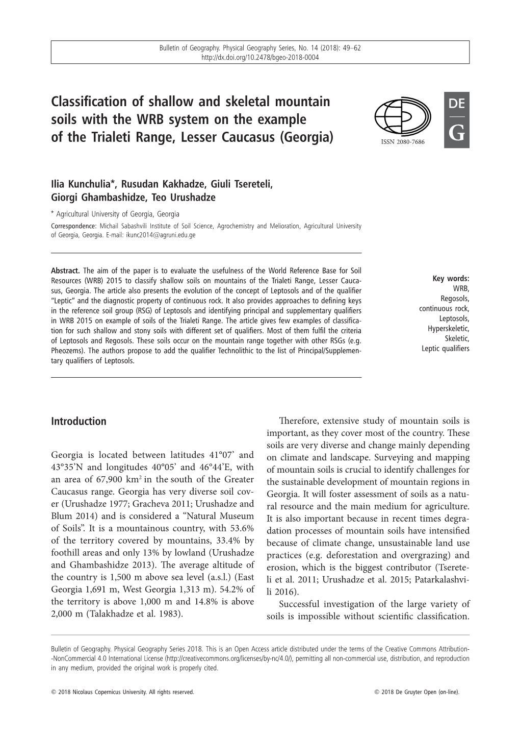 Classification of Shallow and Skeletal Mountain Soils with the WRB System on the Example of the Trialeti Range, Lesser Caucasus (Georgia) ISSN 2080-7686