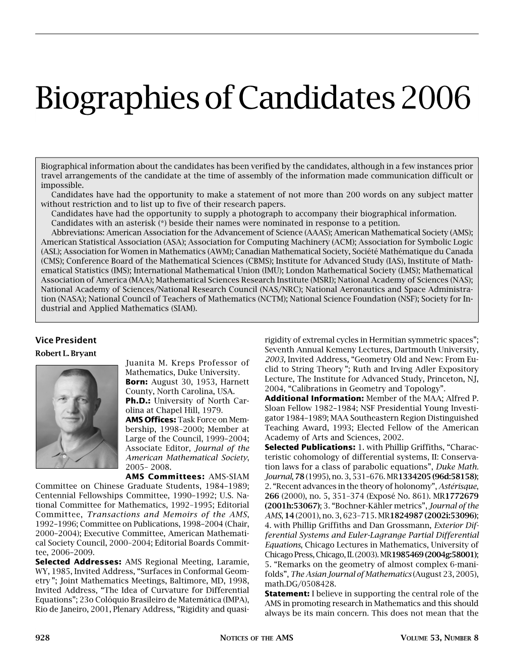 Biographies of Candidates 2006, Volume 53, Number 8