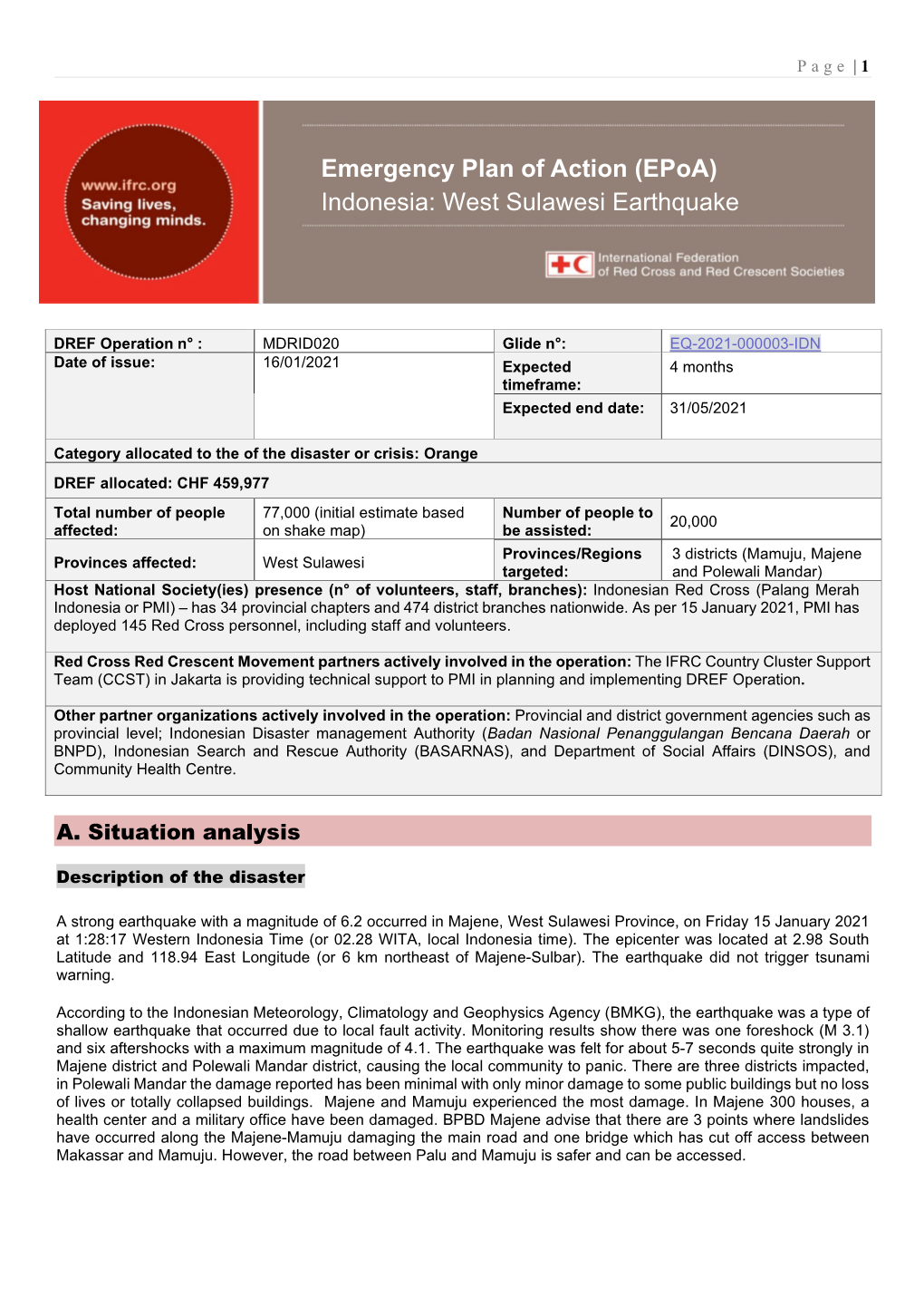 Emergency Plan of Action (Epoa) Indonesia: West Sulawesi Earthquake