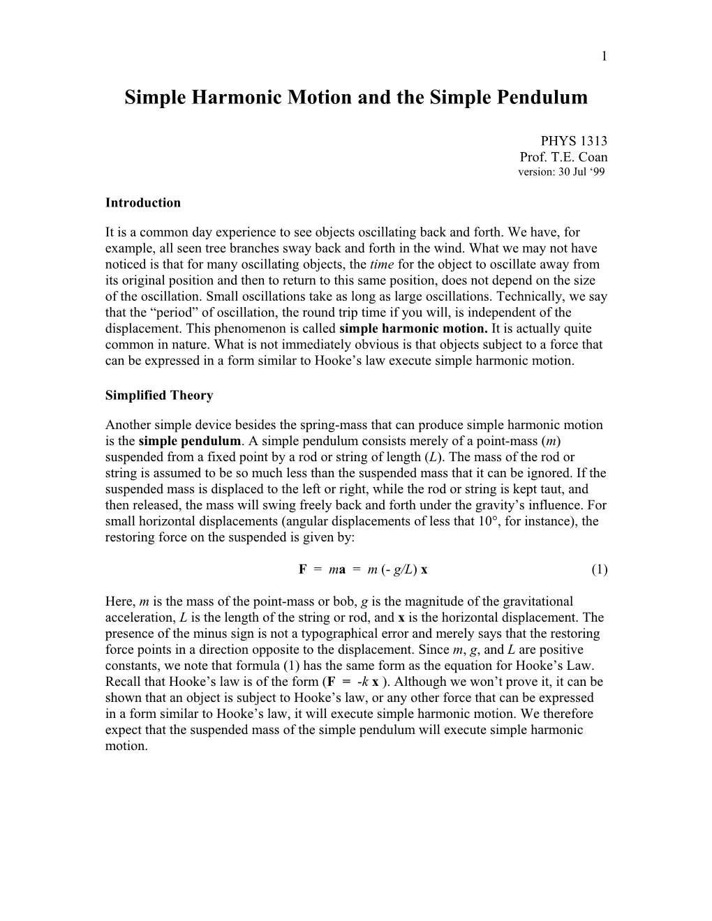 Simple Harmonic Motion and the Simple Pendulum