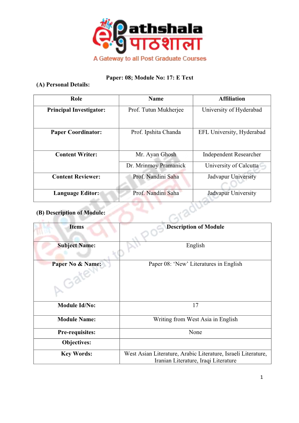 Paper: 08; Module No: 17: E Text (A) Personal Details