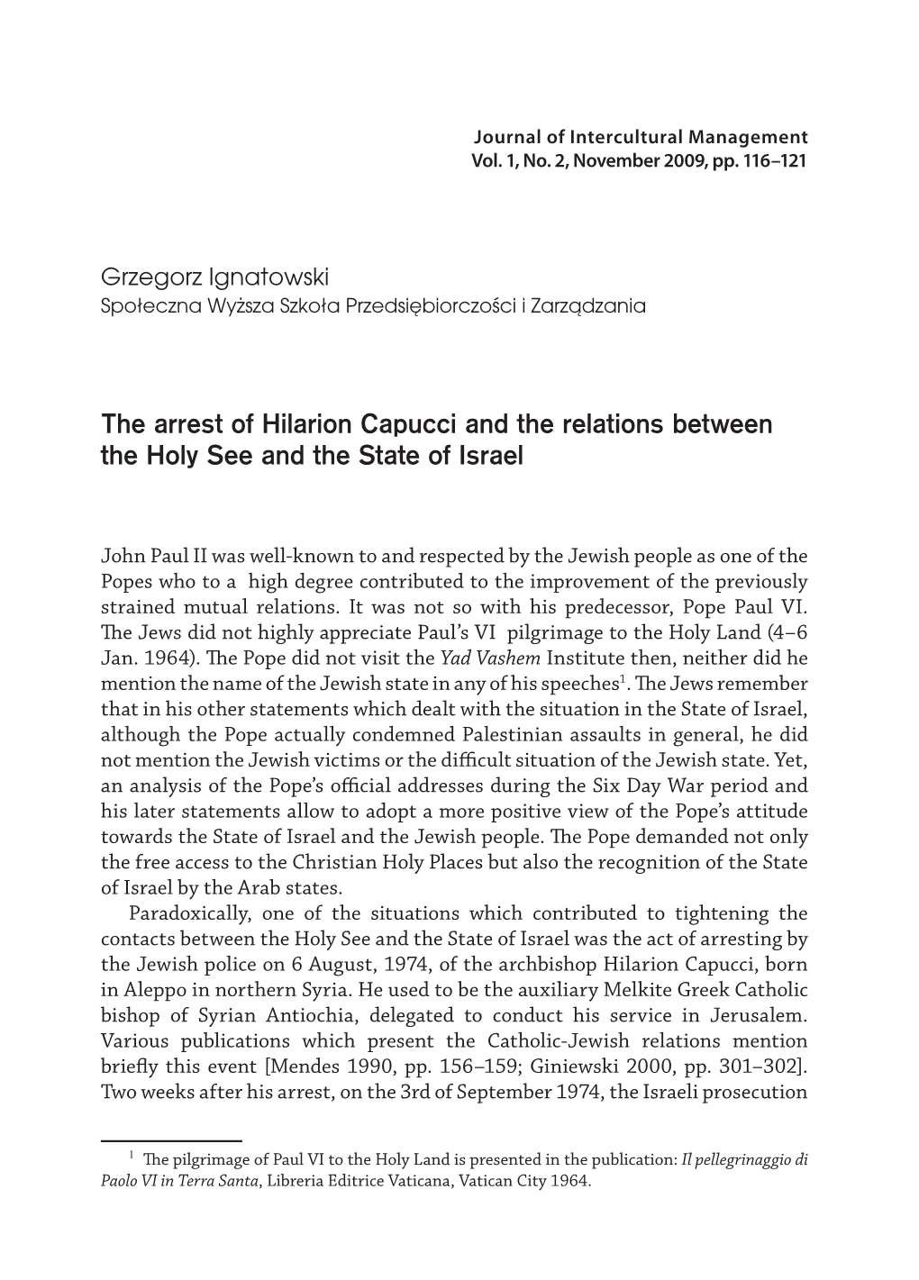 The Arrest of Hilarion Capucci and the Relations Between the Holy See and the State of Israel