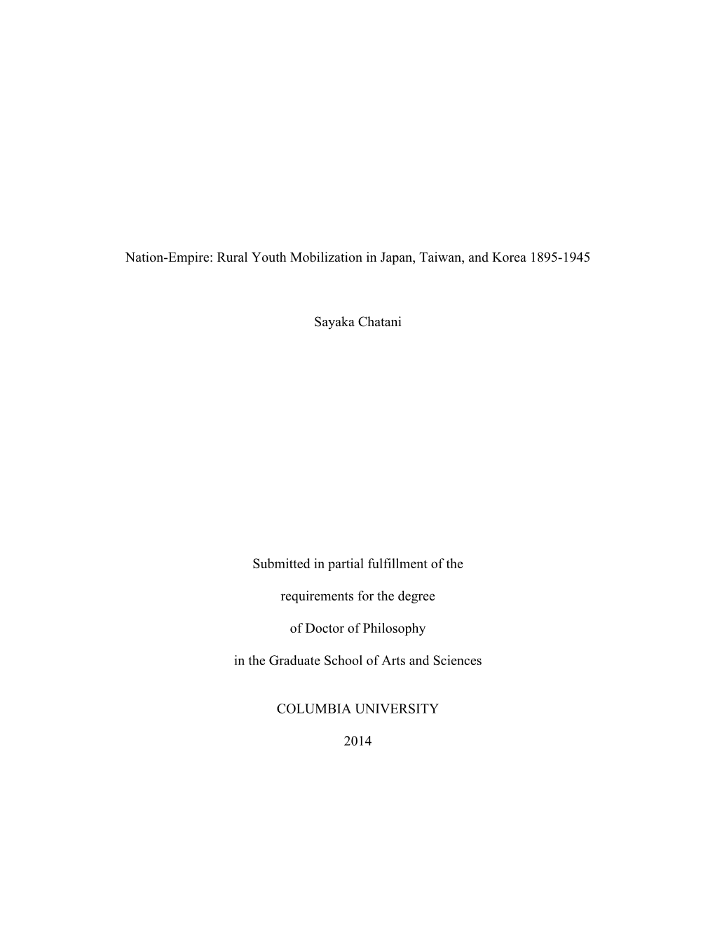 Nation-Empire: Rural Youth Mobilization in Japan, Taiwan, and Korea 1895-1945