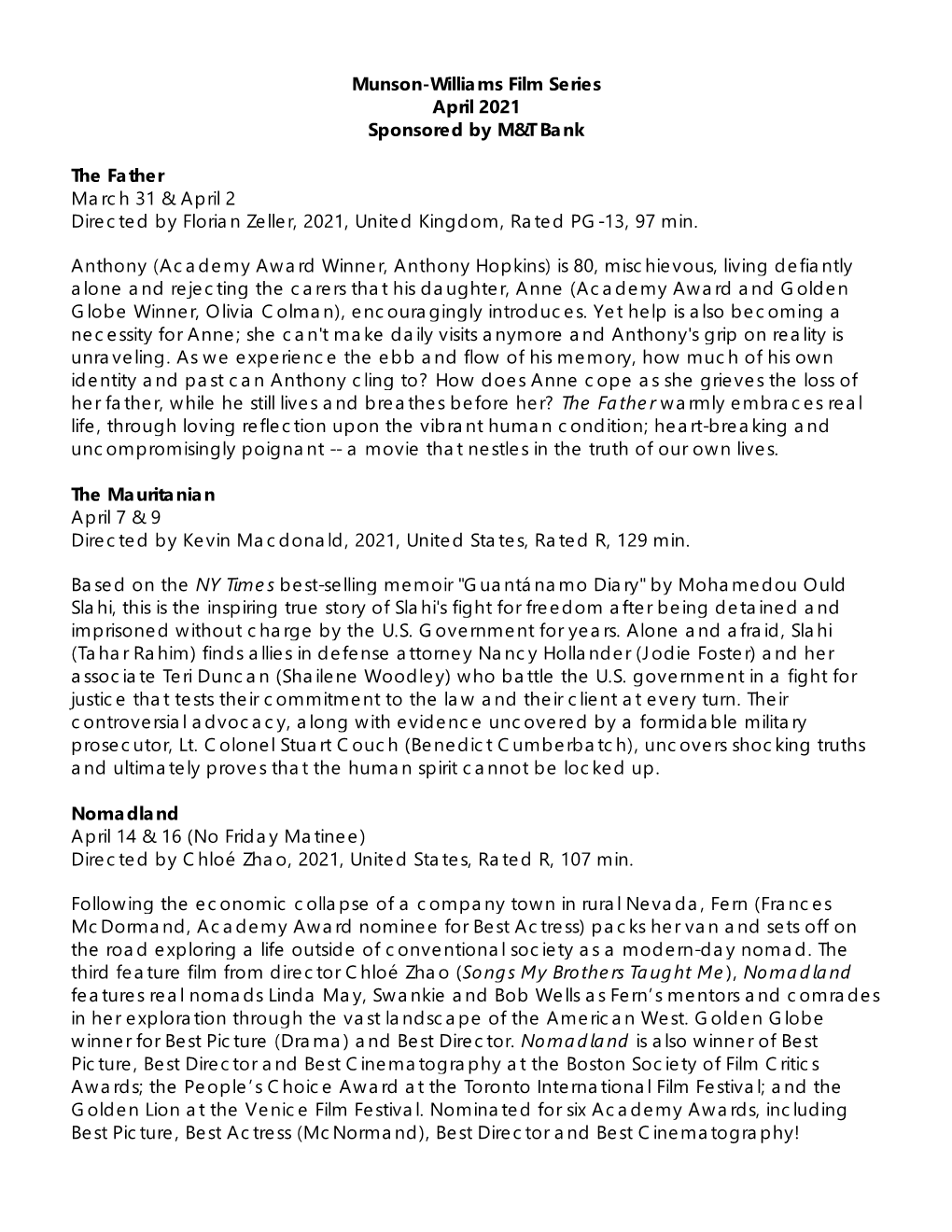 Film Series Schedule April 13.Doc.Docx