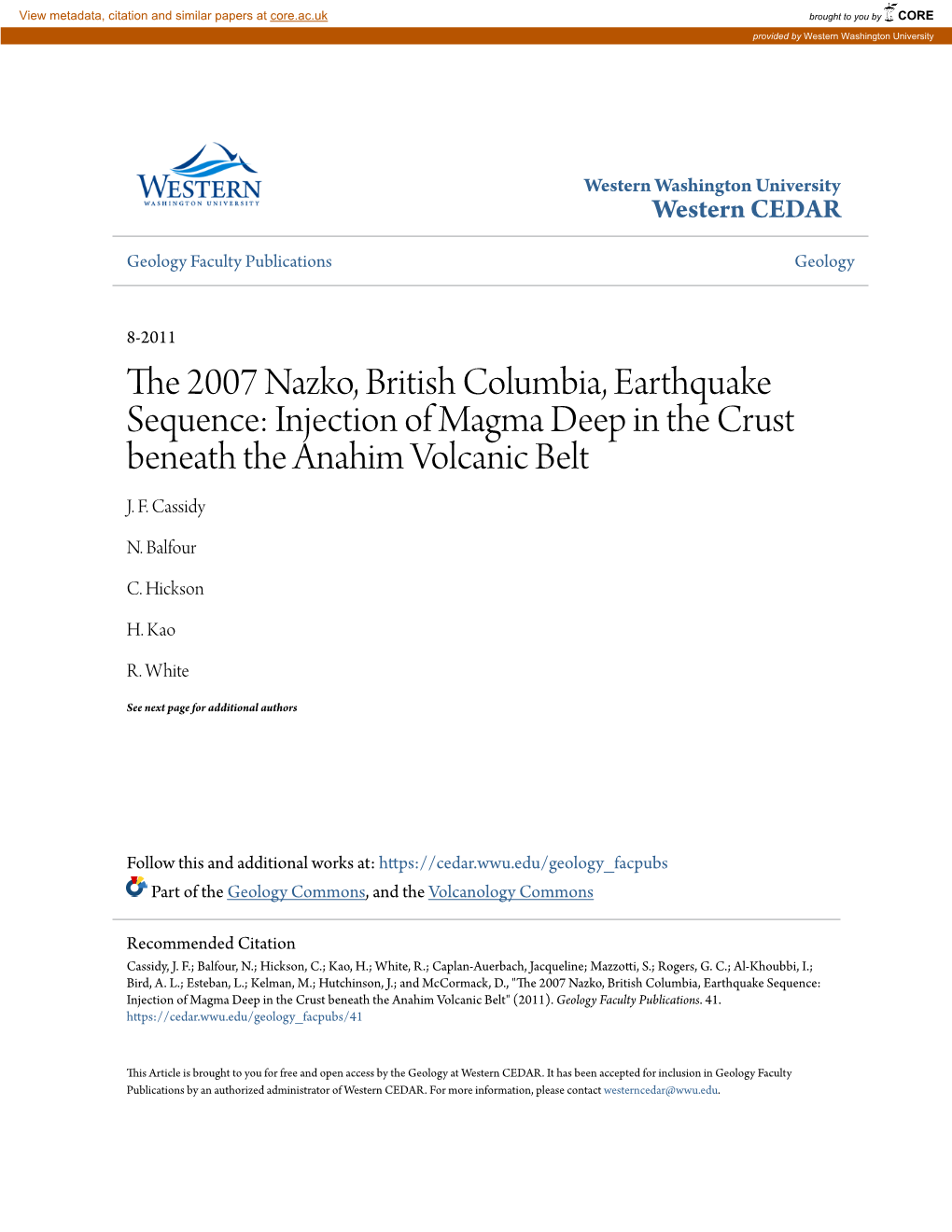 The 2007 Nazko, British Columbia, Earthquake Sequence: Injection of Magma Deep in the Crust Beneath the Anahim Volcanic Belt by J