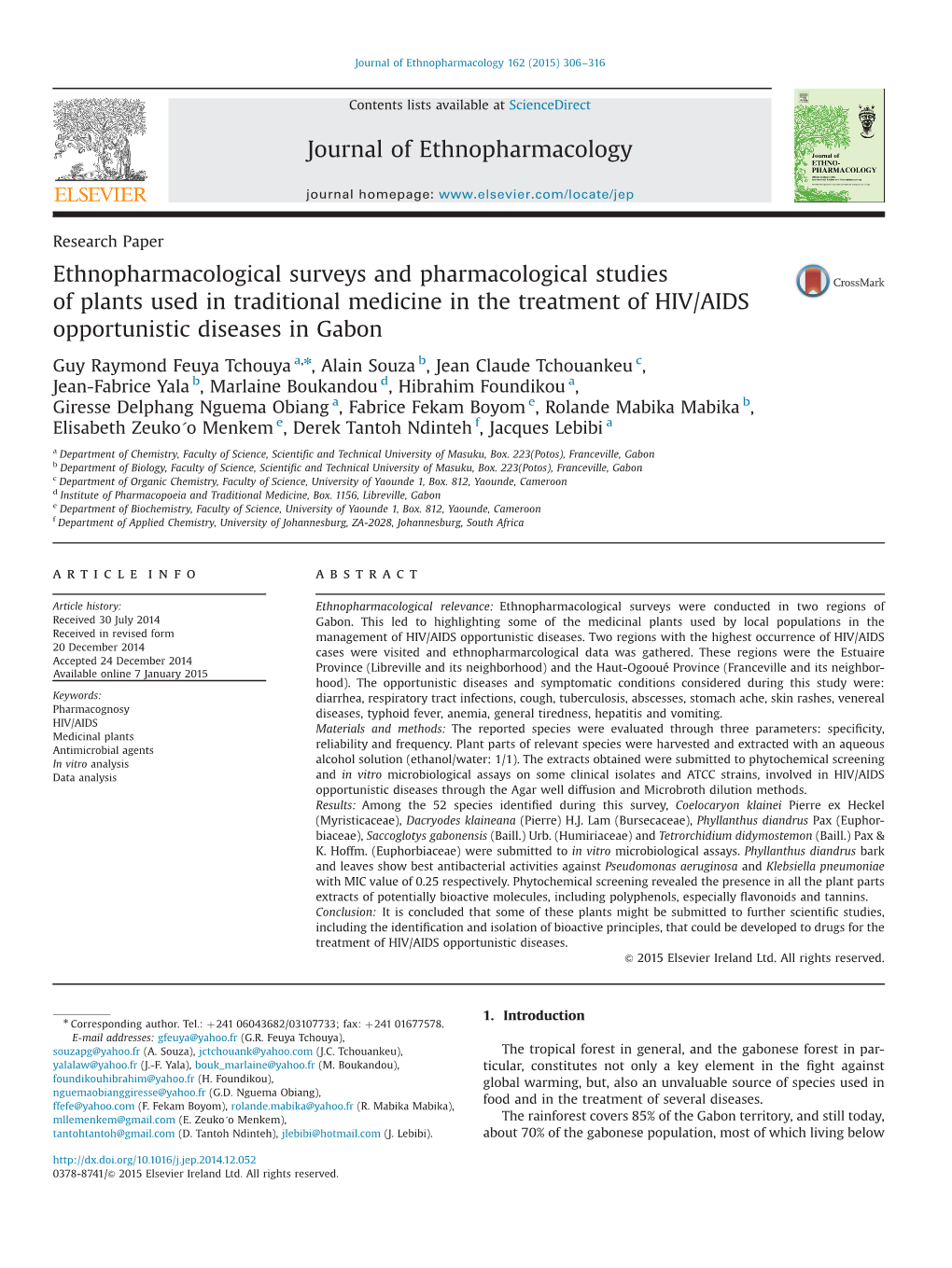 Ethnopharmacological Surveys and Pharmacological Studies of Plants Used in Traditional Medicine in the Treatment of HIV/AIDS Opportunistic Diseases in Gabon