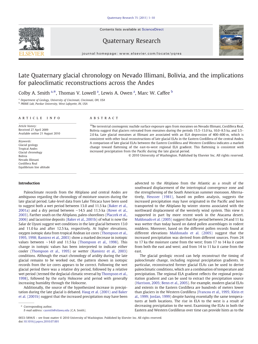 Late Quaternary Glacial Chronology on Nevado Illimani, Bolivia, and the Implications for Paleoclimatic Reconstructions Across the Andes