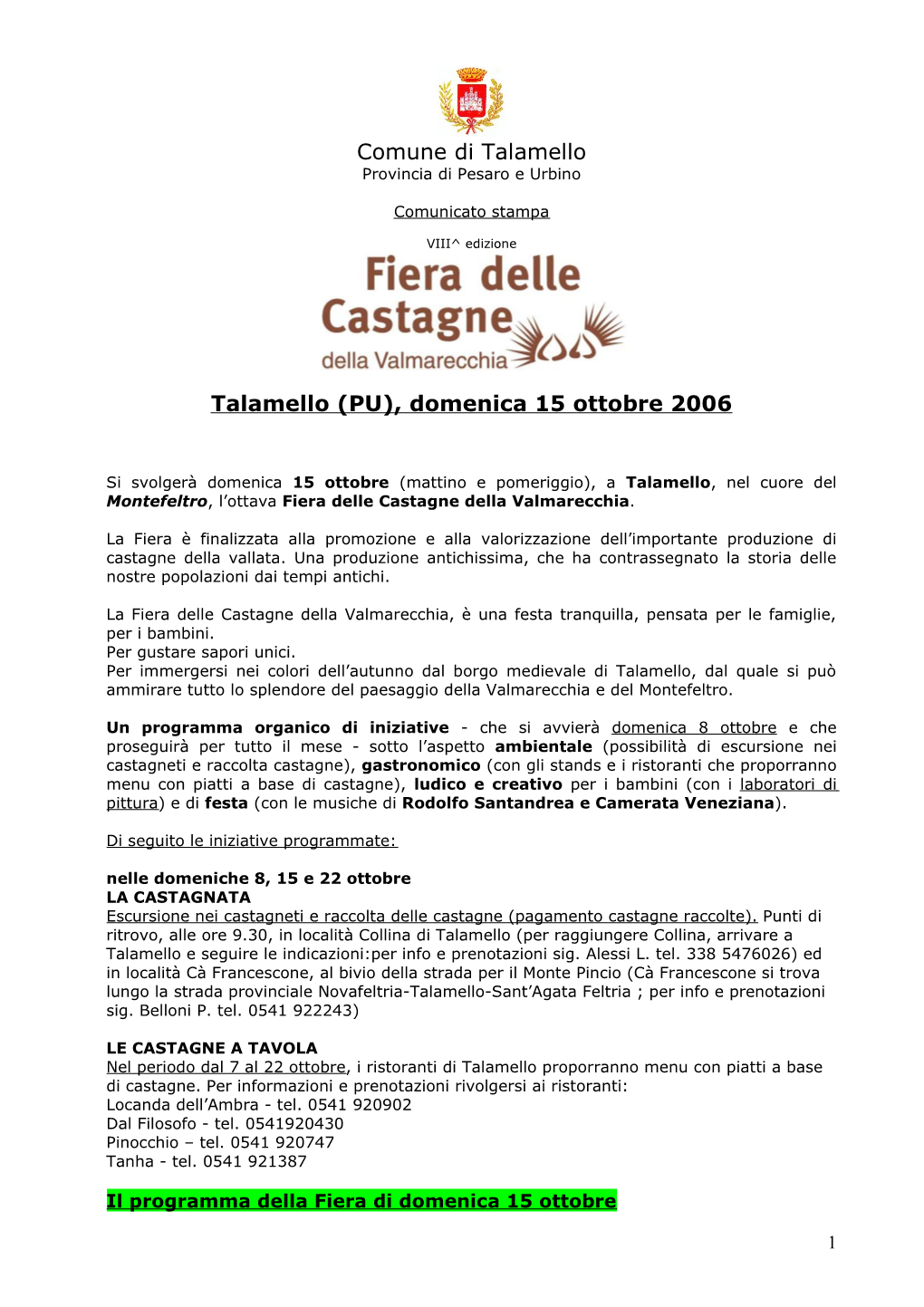 Comune Di Talamello Provincia Di Pesaro E Urbino