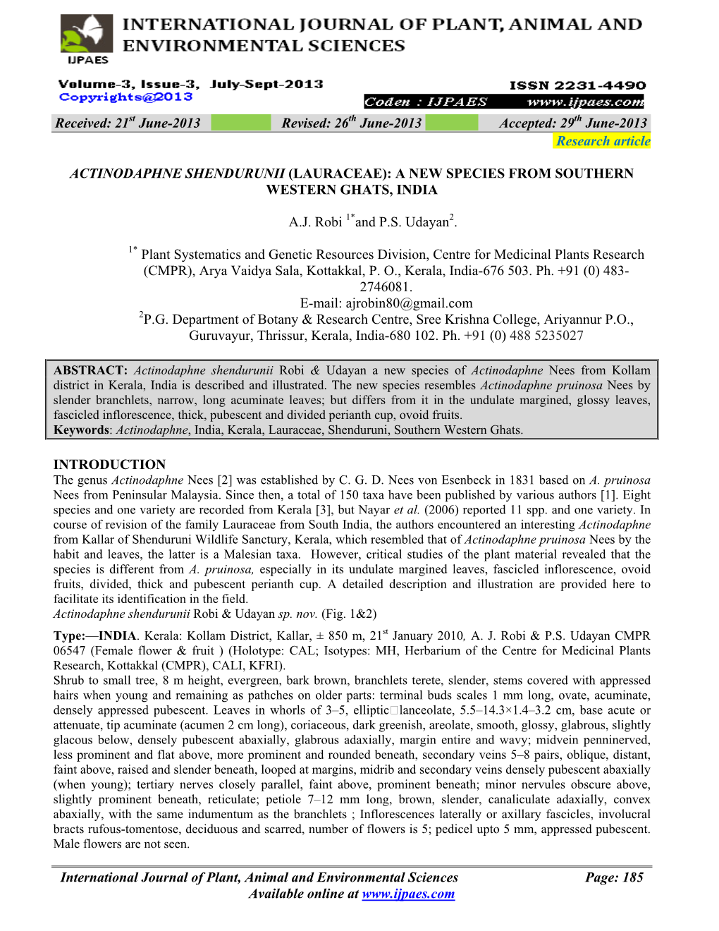 Actinodaphne Shendurunii (Lauraceae): a New Species from Southern Western Ghats, India