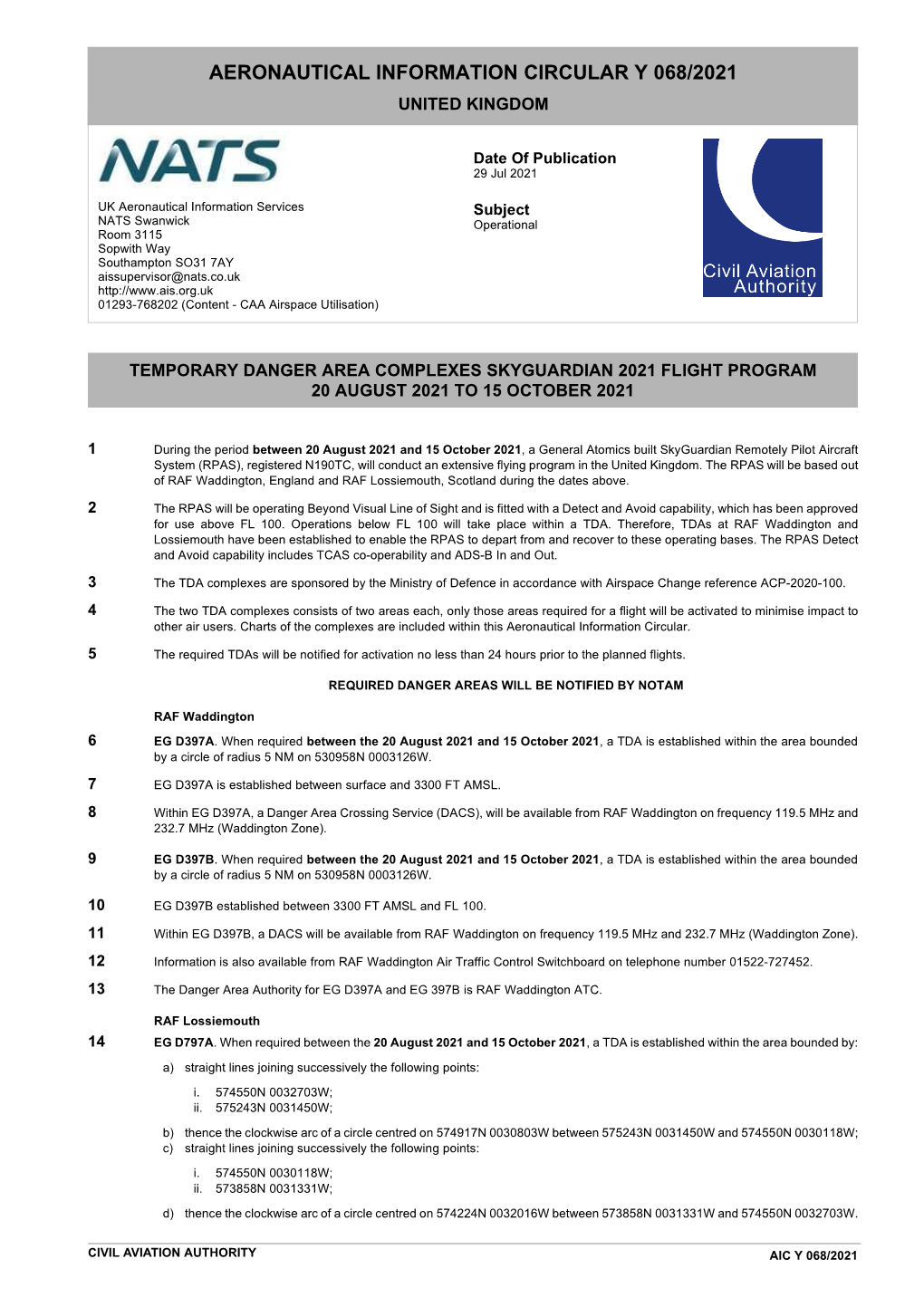 Aeronautical Information Circular Y 068/2021 United Kingdom